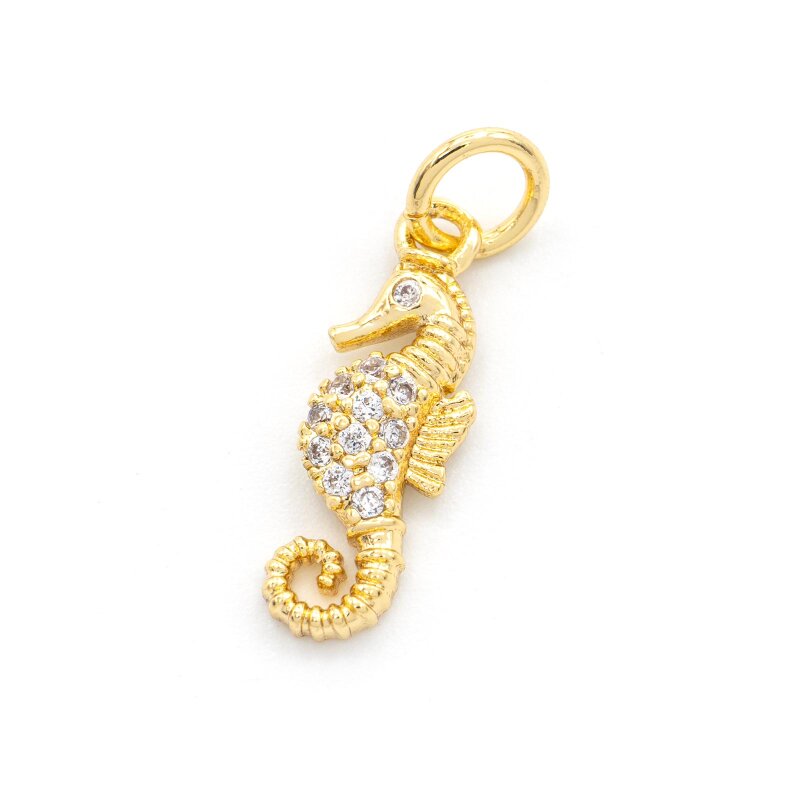 Zirkonia Anhänger als Seepferdchen aus Messing mit 18K Goldbeschichtung 16 mm