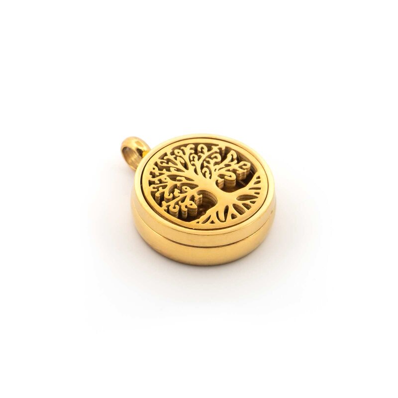 Aroma Medaillon Lebensbaum 12 mm aus 316 Edelstahl in Goldfarben mit 10er Set Filzpads