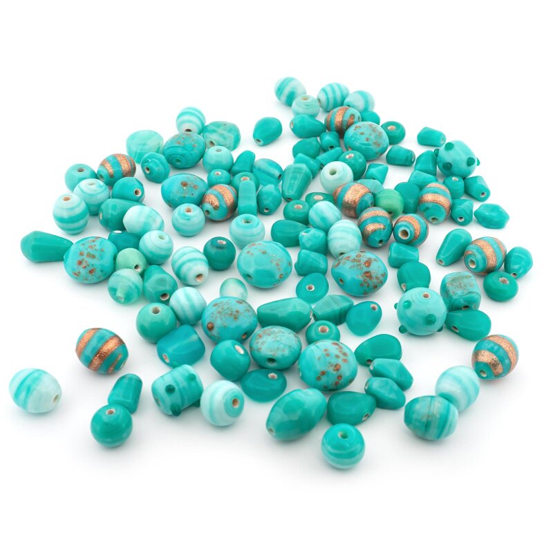Lampworkperlen Mix Türkis in verschiedenen Formen und Größen 100g