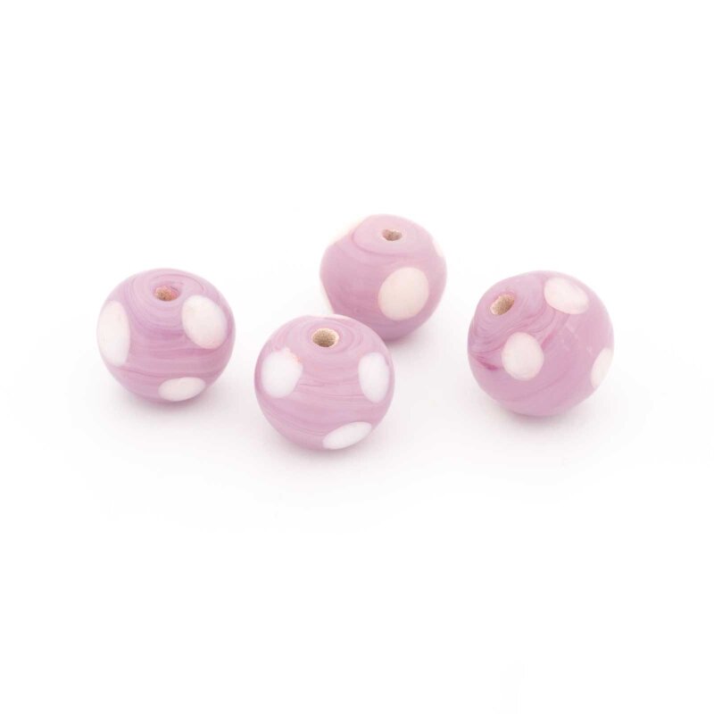 handgemachte Lampwork-Perlen 11 mm in Flieder mit weißen Punkten 4 Stück