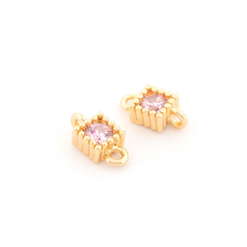 Verbinder mit rosa Strassstein 7 mm aus Messing mit 18K Goldbeschichtung 2 Stück