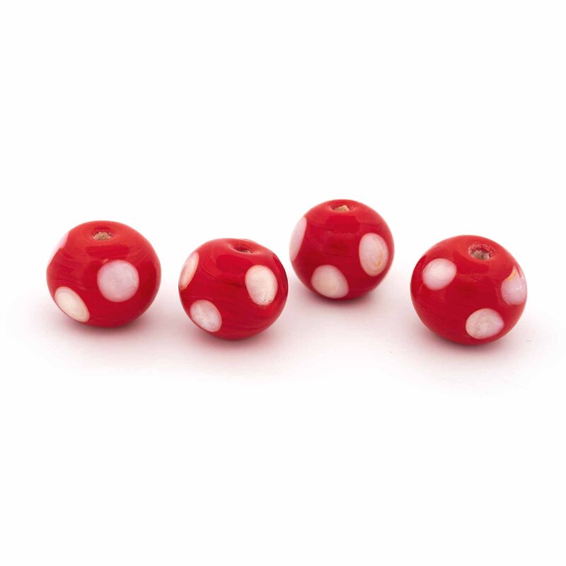 handgemachte Lampwork-Perlen ca. 12 mm in Rot mit weißen Punkten 4 Stück