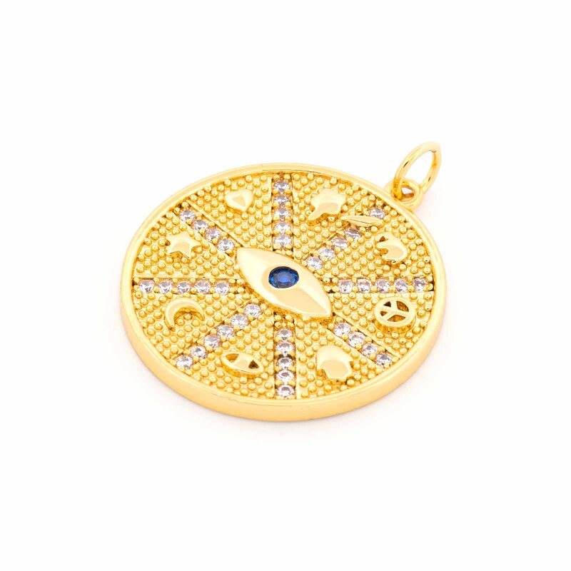 Strassanhänger mit Augen- Motiv aus Messing 23 mm mit 18K Goldbeschichtung