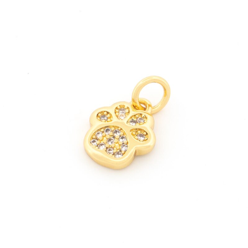 Pfotenanhänger aus Messing 11 x9 mm mit einer 18K Goldbeschichtung und eingefassten Zirkonias