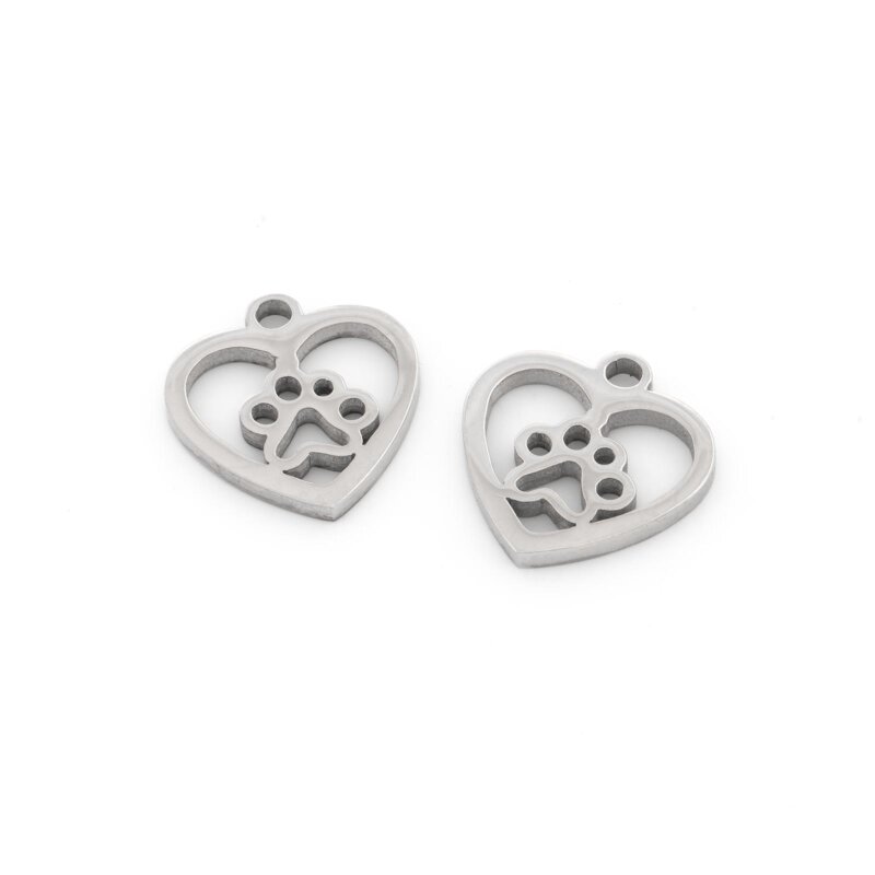 Anhänger als Herz mit Hundepfote 13 mm aus 316 Edelstahl 2 Stück