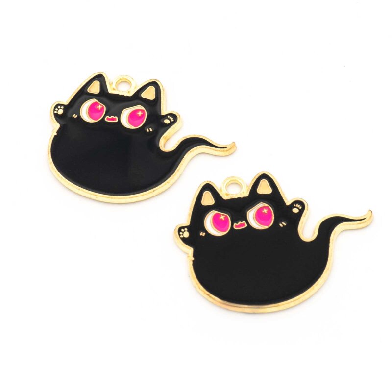 Anhänger Katzengeist aus schwarzer Emaille in goldfarbener Rahmung 24 x 31 mm 2 Stück