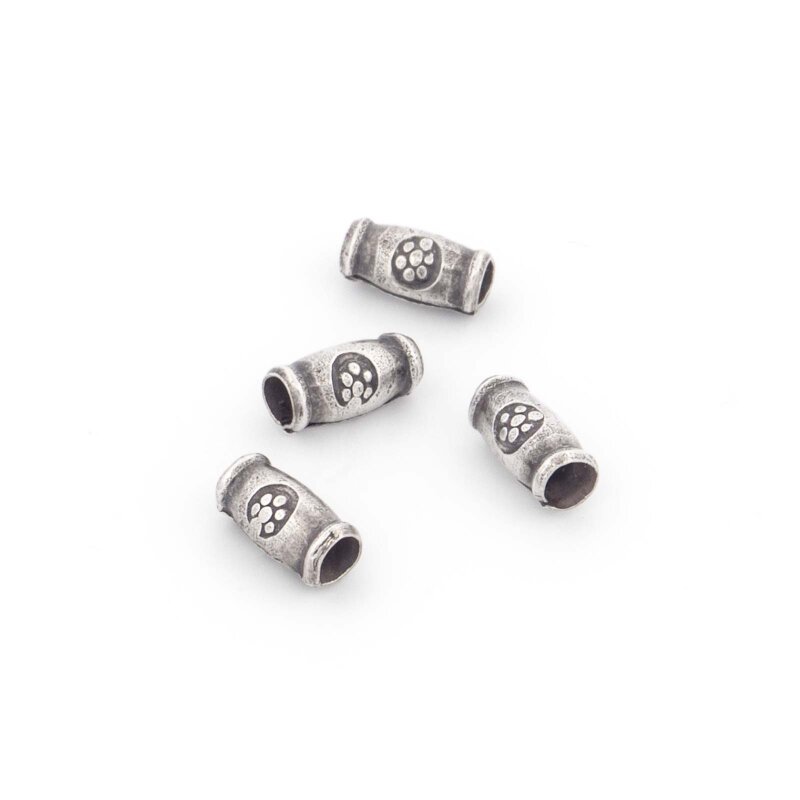 Handgefertigte Röhrenperlen aus Feinsilber mit Blumen-Ornament 5 x 3 mm, 4 Stück