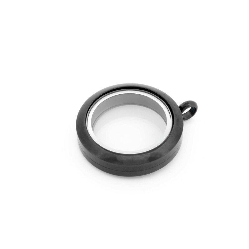 Glasmedaillon aus Edelstahl mit Schraubverschluss zum Befüllen in Schwarz 25 mm