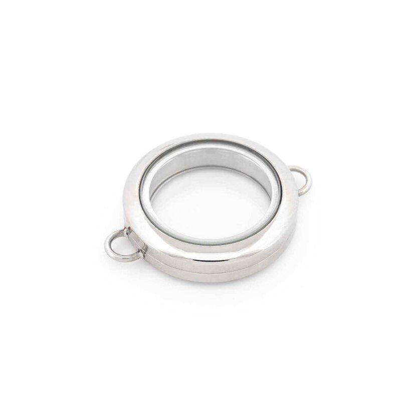 Glasmedaillon - Verbinder aus Edelstahl mit Schraubverschluss zum Befüllen in Platinfarben 25 mm