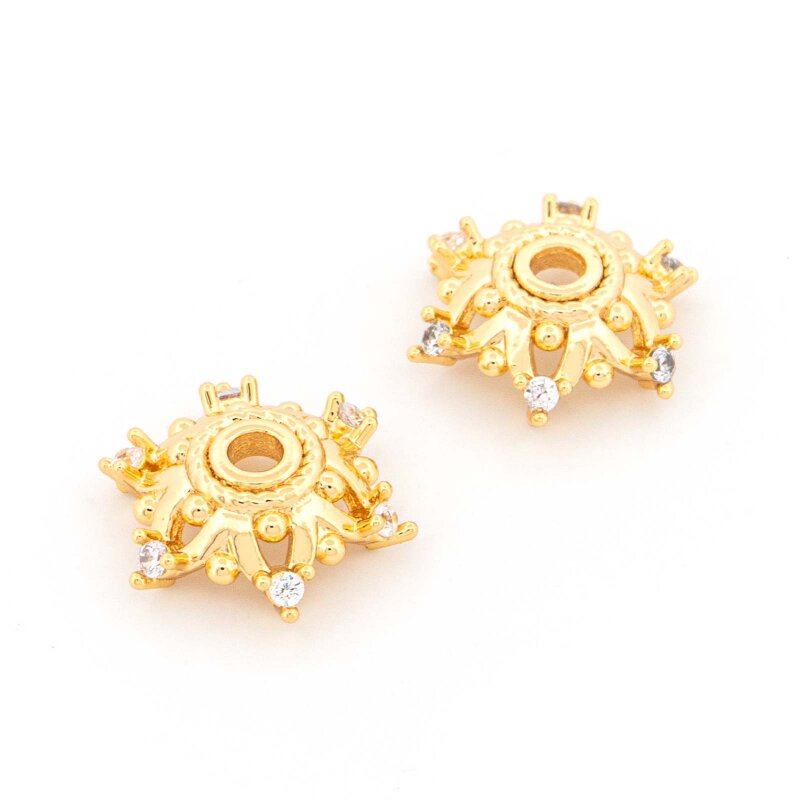 florale Perlkappen mit Zirkonia aus Messing in 18k Goldbeschichtung 12 mm 2 Stück