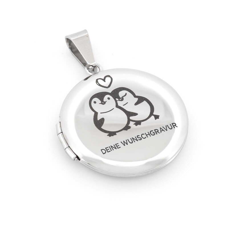 Medaillon aus 304 Edelstahl 27 mm - Pinguinpärchen mit Wunschtext als Gravur