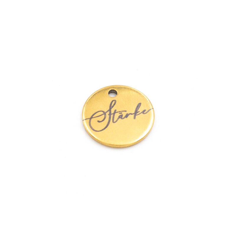 Runder Edelstahl Anhänger mit Gravur "Stärke", IP Goldfarben, 12 mm
