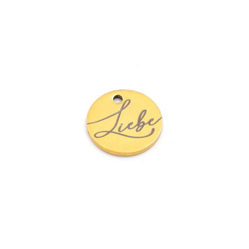 Runder Edelstahl Anhänger mit Gravur "Liebe", IP Goldfarben, 12 mm