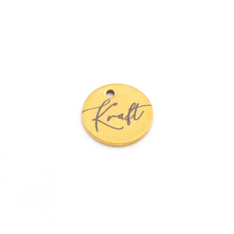 Runder Edelstahl Anhänger mit Gravur "Kraft", IP Goldfarben, 12 mm
