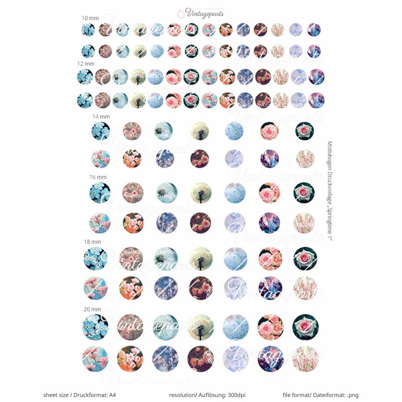Digitale Druckvorlage "Springtime" rund - Blumenmotive für Cabochons & Schmuck (Download)
