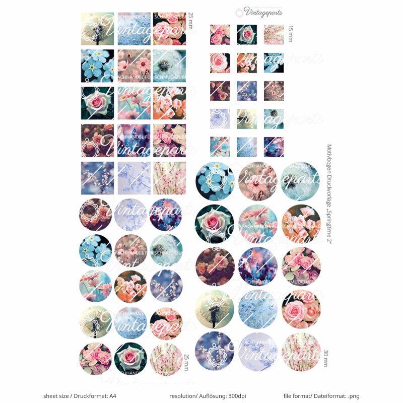 Digitale Druckvorlage "Springtime 2" rund & eckig - Blumenmotive für Cabochons & Schmuck (Download)