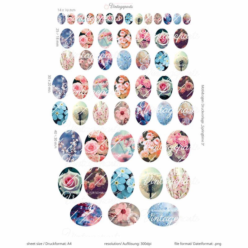 Digitale Druckvorlage "Springtime 3" oval - Blumenmotive für Cabochons & Schmuck (Download)
