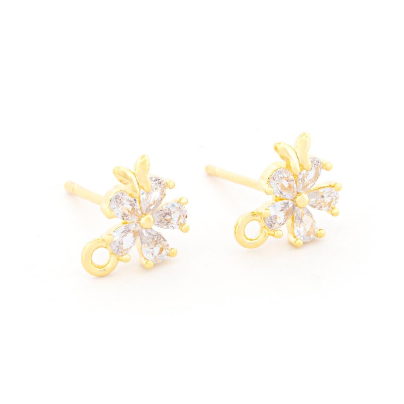 Ohrstecker Blume Messing mit Zirkonia und Öse 7mm 18K vergoldet 2 Stück