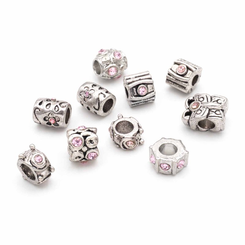 Großlochperlen Mystery Bag Silberfarben mit rosa Strass 10 Stück