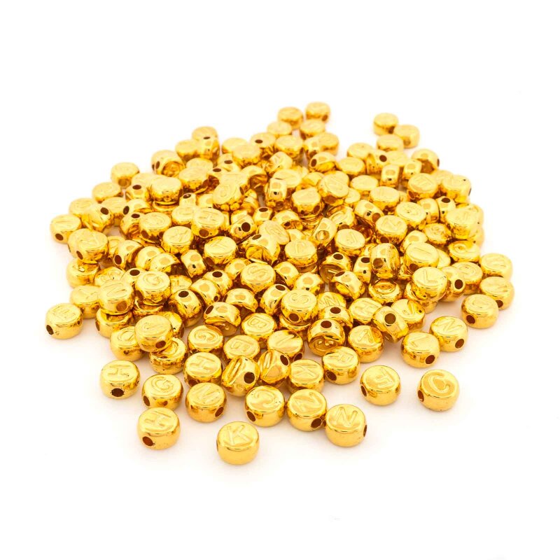 Buchstabenperlen in Gold Kunststoff 7x4mm rund - 200 Stück Mix Alphabet Perlen zum Auffädeln