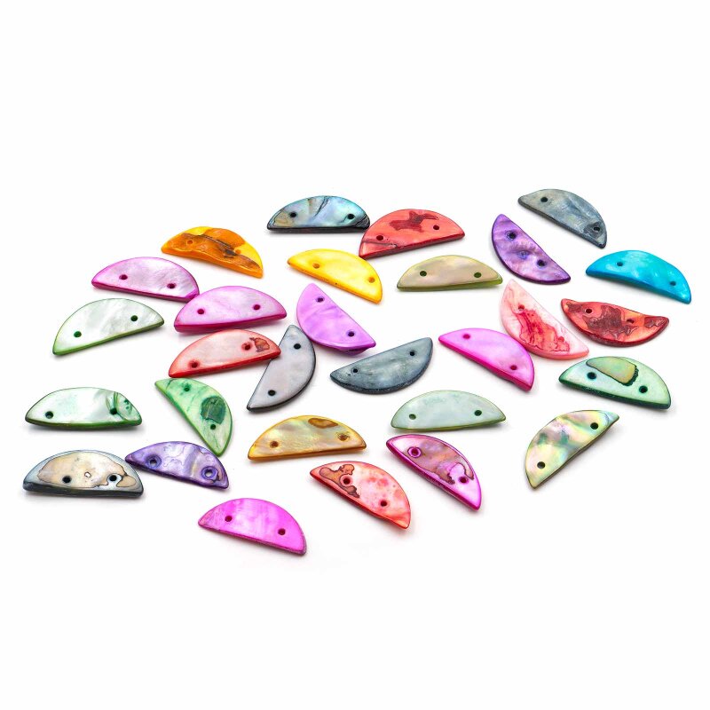 Muschelplättchen Farbmix Halbmond 28x12 mm mit 2 Löchern 30 Stück