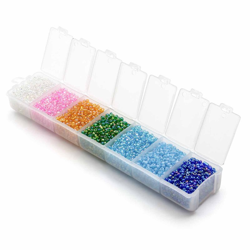 Rocailles Perlen 2 mm Pastell AB 7 Farben in Aufbewahrungsbox 70g