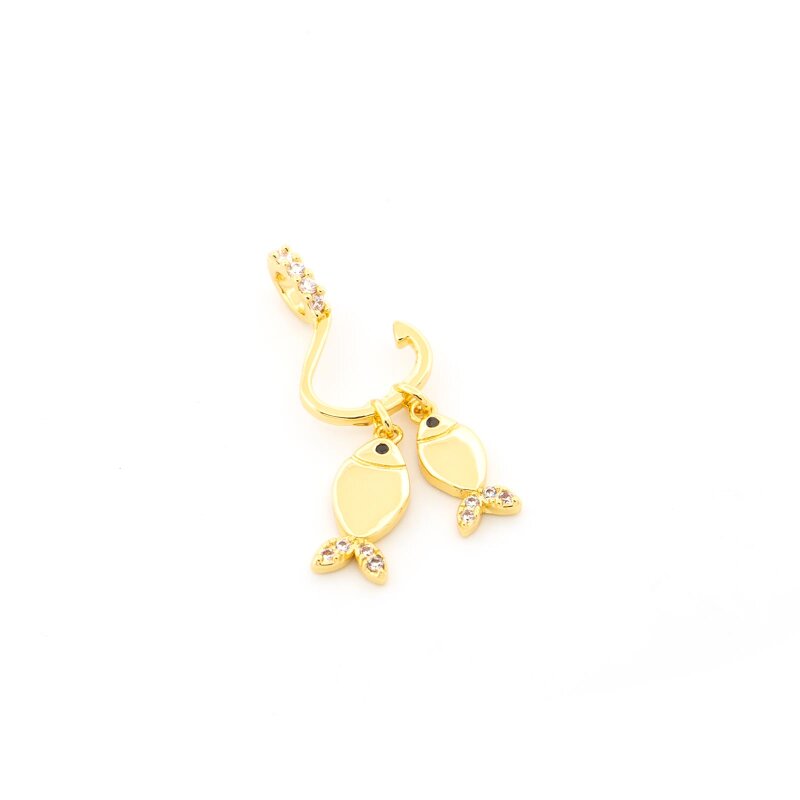 Anhänger Angelhaken mit Fischen Zirkonia Messing 18K vergoldet 25,5mm 1 Stück