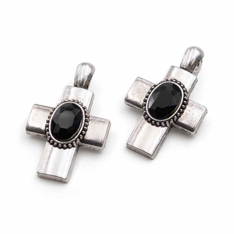 Kreuz Anhänger mit schwarzem Stein und Klapp-Aufhängung, 2 Stück