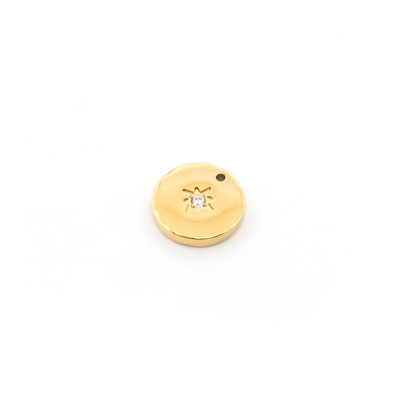 Metallanhänger rund mit Zirkonia Sonnensymbol, 304 Edelstahl, 14K Ionenbeschichtung