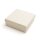 Geschlossene quadratische Geschenkbox aus Papier in Beige, schräg von oben vor weißem Hintergrund fotografiert. Der aufgesetzte Deckel und die feinen dunklen Fasereinschlüsse in der matten Oberfläche sind deutlich zu erkennen.