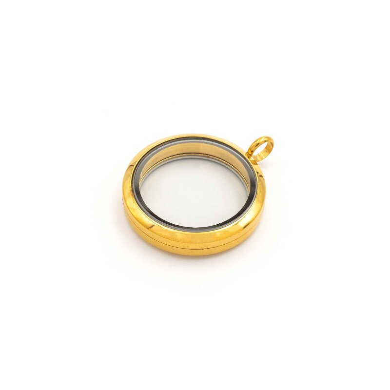 Glasmedaillon aus Edelstahl mit Schraubverschluss zum Befüllen in goldfarben 30 mm 1 Stück
