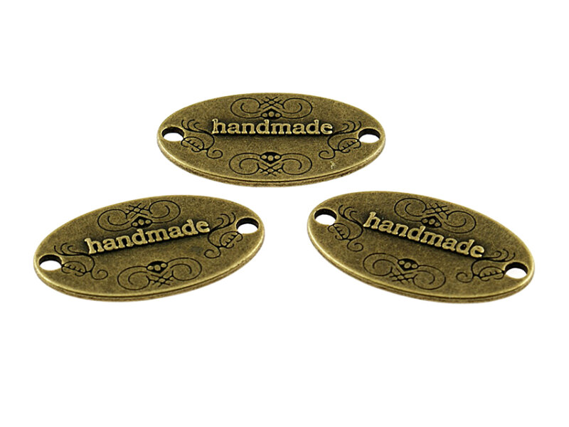 6 Verbinder - Aufnäher "Handmade" in antik Bronze