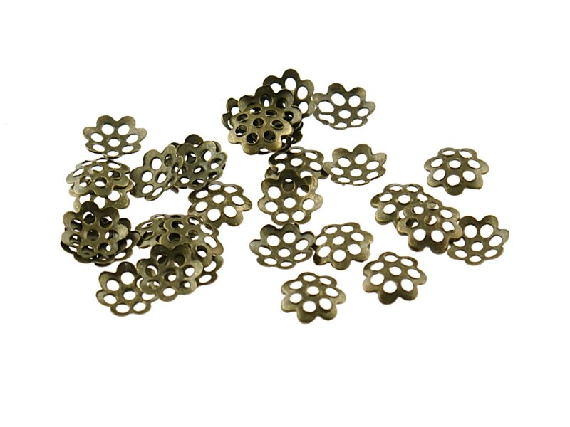 100 kleine, filigrane Blümchenperlkappen in antik Bronze, 6 mm