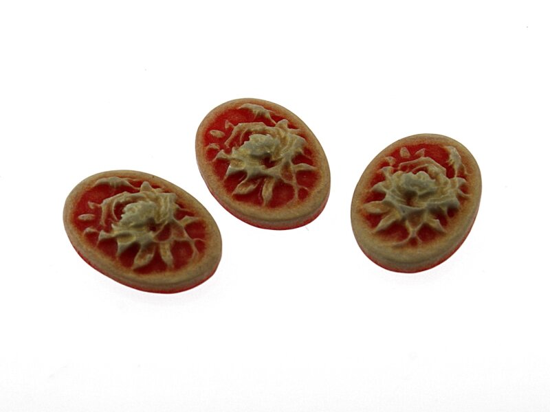 6 Kameen mit Rose in rot, 12 x 17 mm