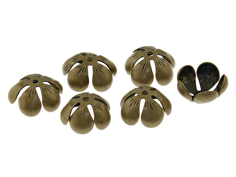 10 Blumen Perlkappen in antik Bronze, 12 mm