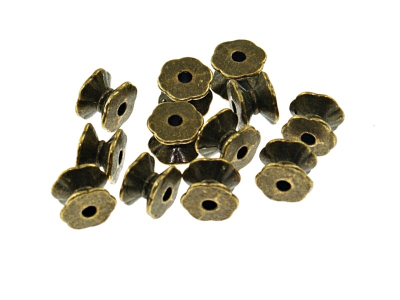 10 doppelte Metallperlenkappen "Blümchen" in antik bronze, 7 mm