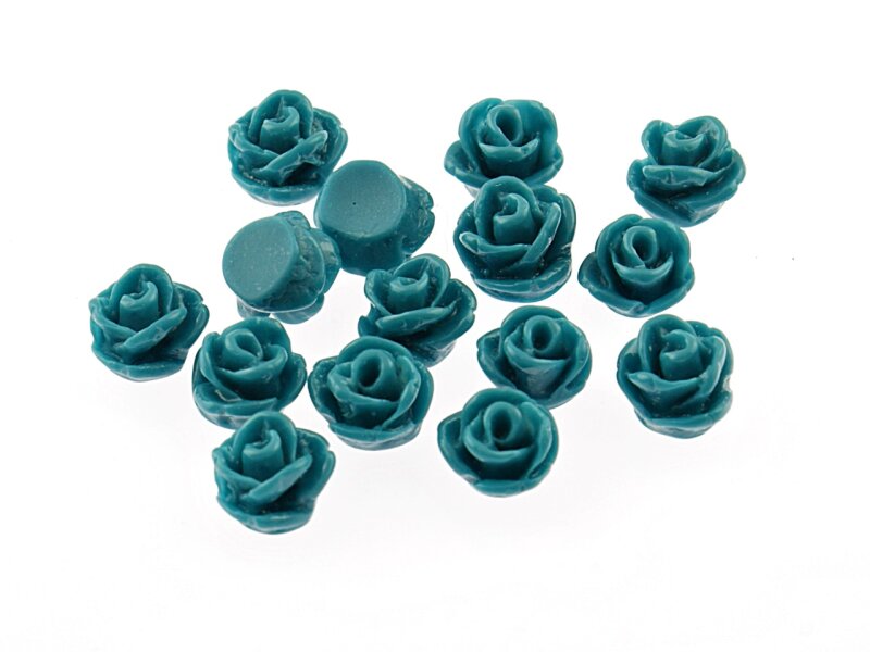 20 kleine Rosen in petrol als Cabochon, 7 mm