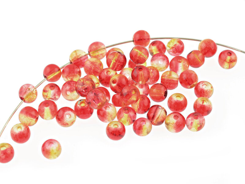 50 Crackleglasperlen in rot gelb, 6 mm