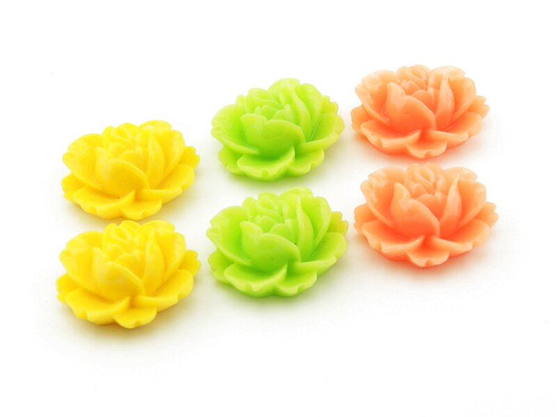 6 Seerosen Cabochons als Set in orange, hellgrün, gelb, 16 x 18 mm