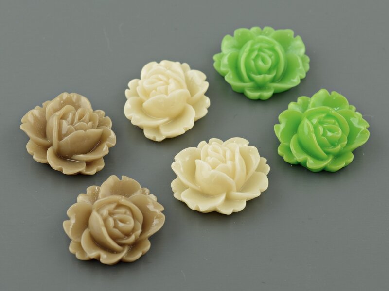 6 Seerosen Cabochons als Set in braun, beige, hellgrün, 16 x 18 mm