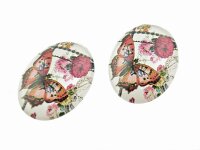 2 Glascobochons "Monarch" mit Motiv, 25 x 18 mm