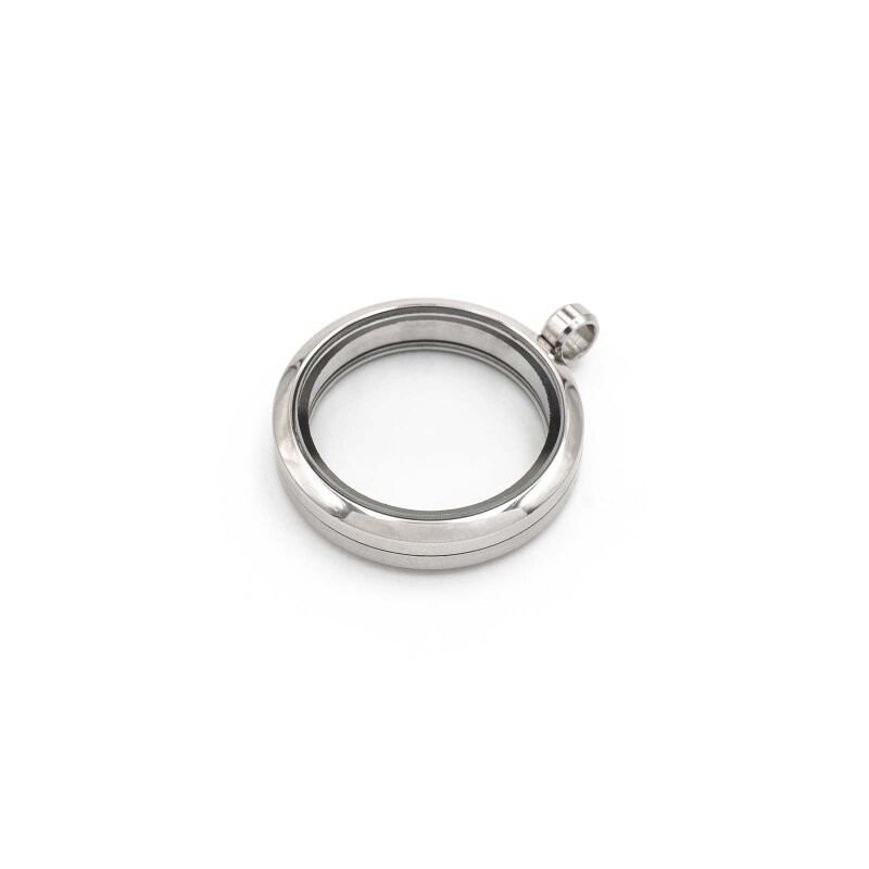 Glasmedaillon aus Edelstahl mit Schraubverschluss zum Befüllen in platinfarben 30 mm 1 Stück