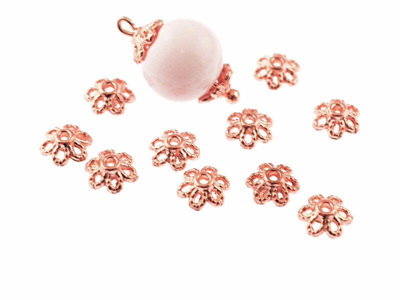 30 kleine, filigrane Blümchenperlkappen in peachy roségoldfarben, 6 mm