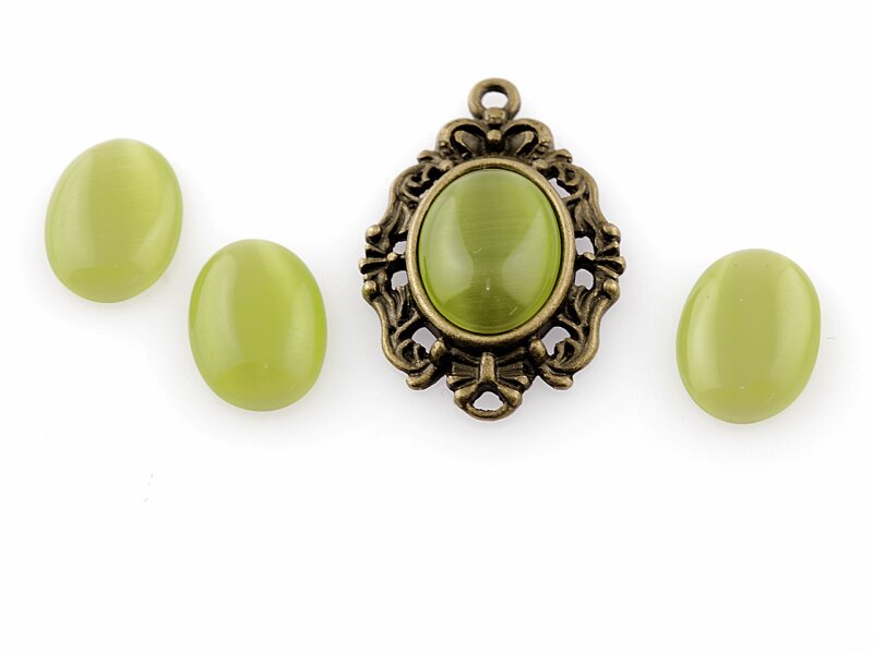 6 Cabochon Cateye Glas in kiwi, 14 x 10 mm