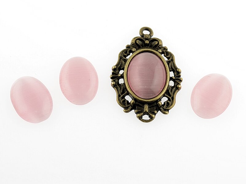 6 Cabochon Cateye Glas in rosa, 14 x 10 mm