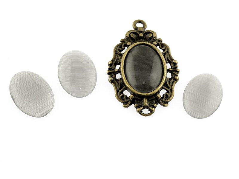 6 Cabochon Cateye Glas in anthrazit, 14 x 10 mm