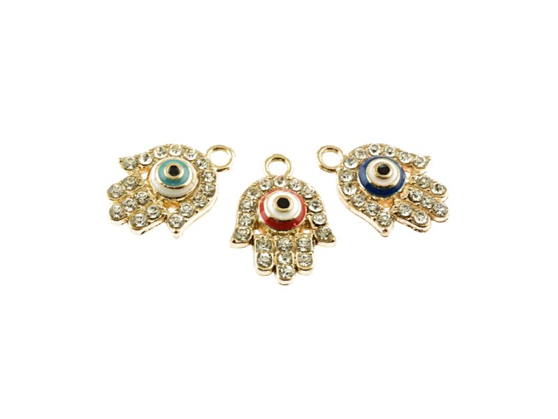 2 emaillierte Anhänger "Hamsa" in goldfarben mit Strass