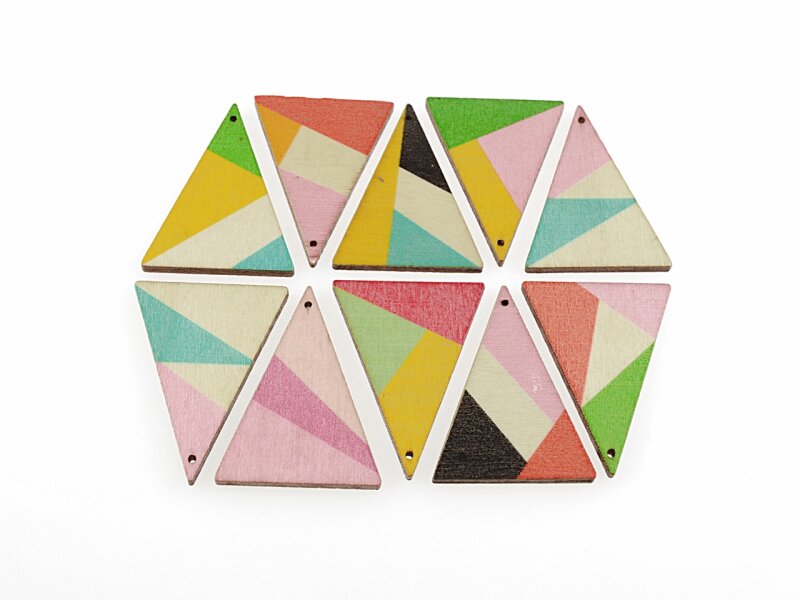 5 bunte Anhänger "geo triangle" aus lackiertem Holz