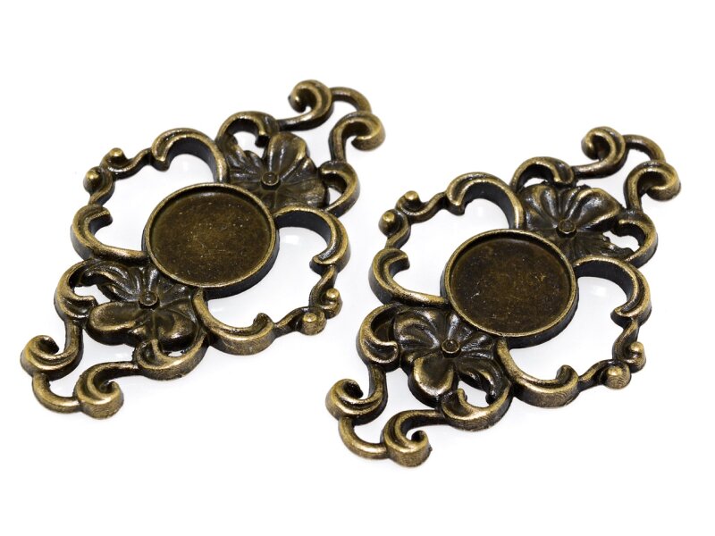 2 verspielte Verbinder mit 10 mm Fassung in antik bronzefarben