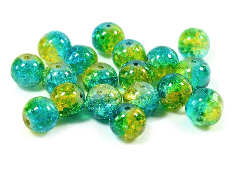 30 Crackleglasperlen "Ocean" türkis mit gelb und hellgrün, 10 mm